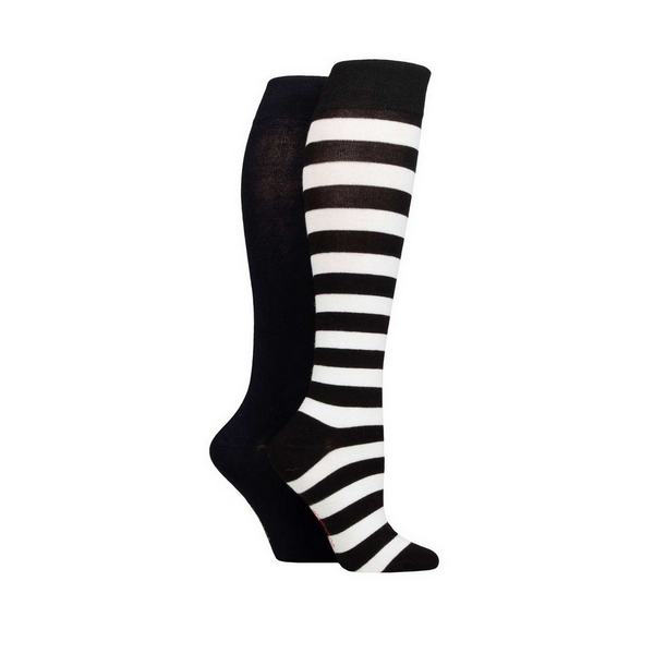 Ladies Plain, Patterned Bamboo Knee High Socks with Smooth Toe Seams Black, White Stripe